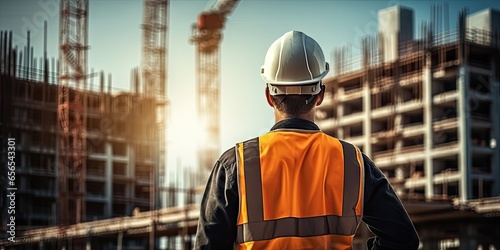 Construction vision. Engineer with blueprint on site. Building future. Architect in safety helmet. Blueprints and hardhats. Construction professional. Builder at construction site photo