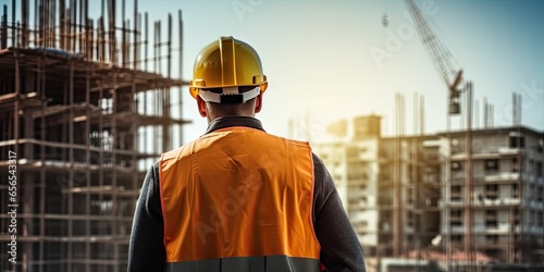 Construction vision. Engineer with blueprint on site. Building future. Architect in safety helmet. Blueprints and hardhats. Construction professional. Builder at construction site