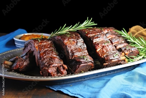 side view of bbq beef ribs on a blue platter
