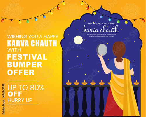 Creative sale banner or sale poster for karwa Chauth big sale up to 80% off bumper sale festival season.