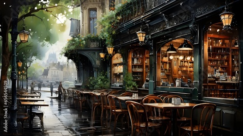 Corner of a Parisian cafe with dark wooden tables watercolor