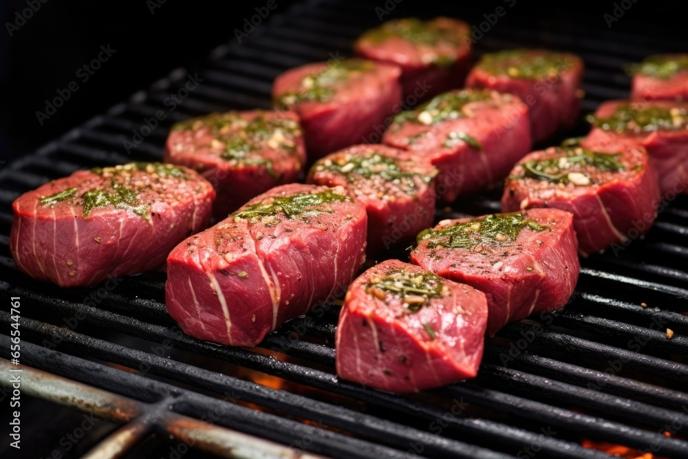 raw venison steaks on grill before cooking process - obrazy, fototapety, plakaty 