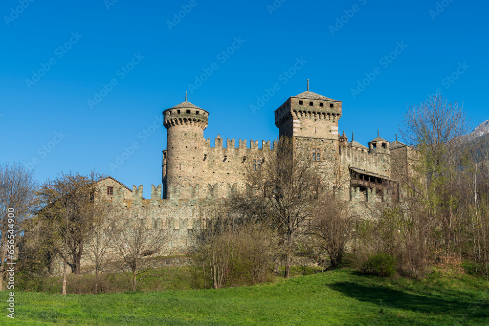 Fénis castle seen from the side Aosta Valley Italy