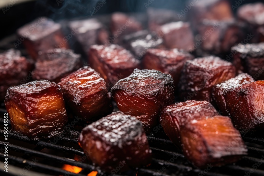 close-up shot of crispy bbq burnt ends with grill marks close-up shot of crispy bbq burnt ends with grill marks