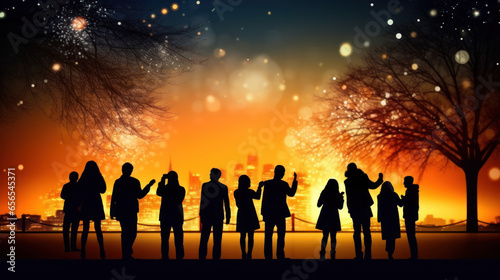 Silhouette crowd of people celebratory firework night festive sky show flat colorful illustration, AI generated