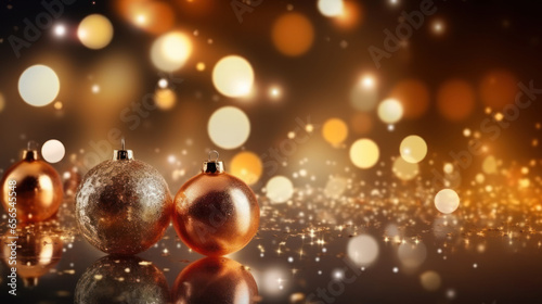 Abstract background of glitter lights and golden chirstmas ball  banner  AI generated