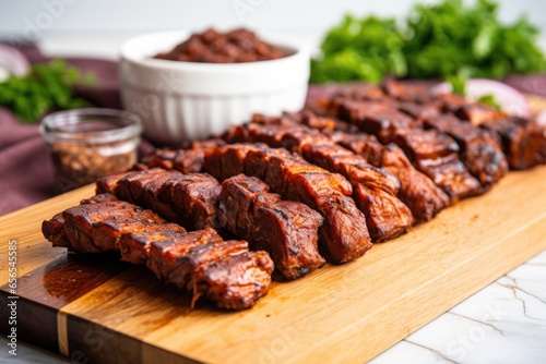 hand bbq tempeh ribs on a wooden board