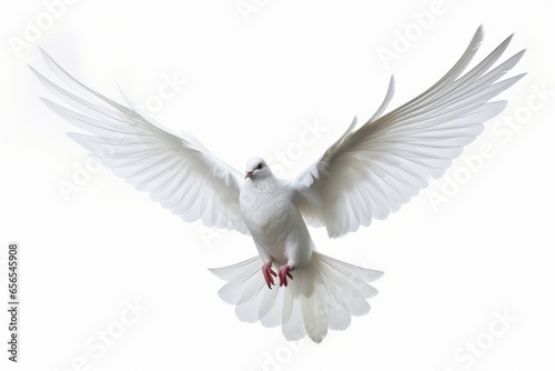 white dove in flightcon white background, Generative AI