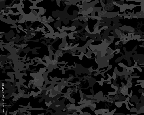 Camouflage Seamless Repeat. Dark Camo Paint. Gray Hunter Pattern. Seamless Paint. Army Dirty Canvas. Tree Woodland Print. Digital Urban Camouflage. Vector Gray Texture. Abstract Vector Camoflage.