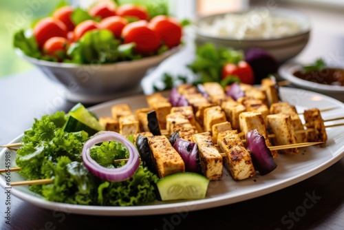 tofu skewers with fresh greek salad on the side