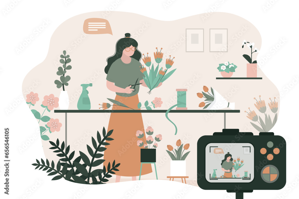 Gardener woman makes video blog about growing flowers and houseplants. Floristry web courses. Training in correct composition of beautiful bouquets. Gardener woman makes video blog about growing flowers and houseplants. Floristry web courses. Training in correct composition of beautiful bouquets.