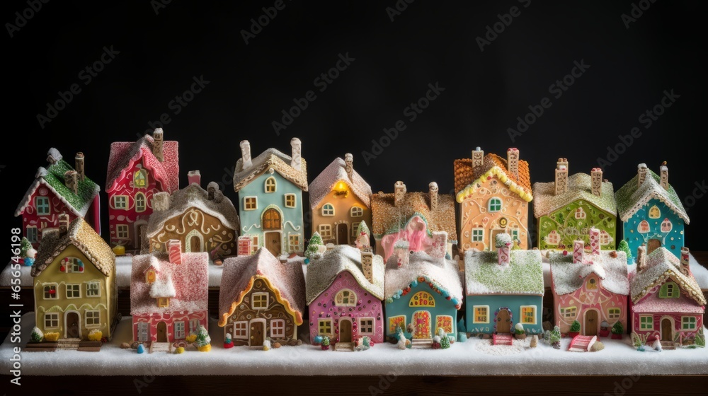 Naklejka premium Traditional Christmas village made of gingerbread houses. Merry Christmas and happy new year concept. Food for the celebration. 