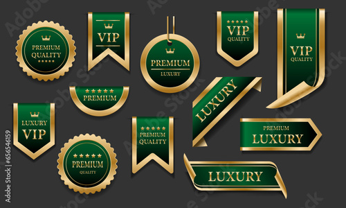 Green gold luxury premium quality label badges on grey background vector