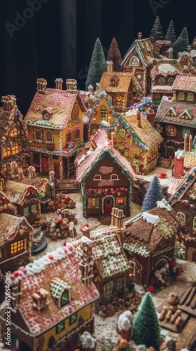 Traditional Christmas village made of gingerbread houses. Merry Christmas and happy new year concept. Food for the celebration. 