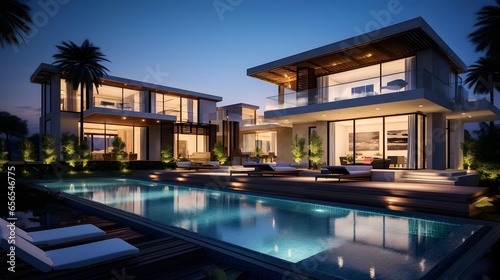 Luxury modern house with swimming pool at night. Luxury home in the tropics.