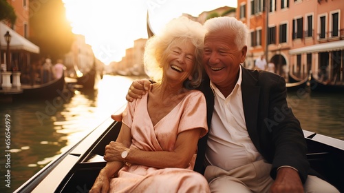 An elderly couple riding a gondola through Venice's canals during a rose-hued sunset. happy life in old age. generative AI photo