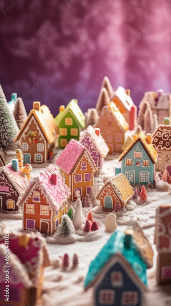 Naklejka premium Traditional Christmas village made of gingerbread houses. Merry Christmas and happy new year concept. Food for the celebration.