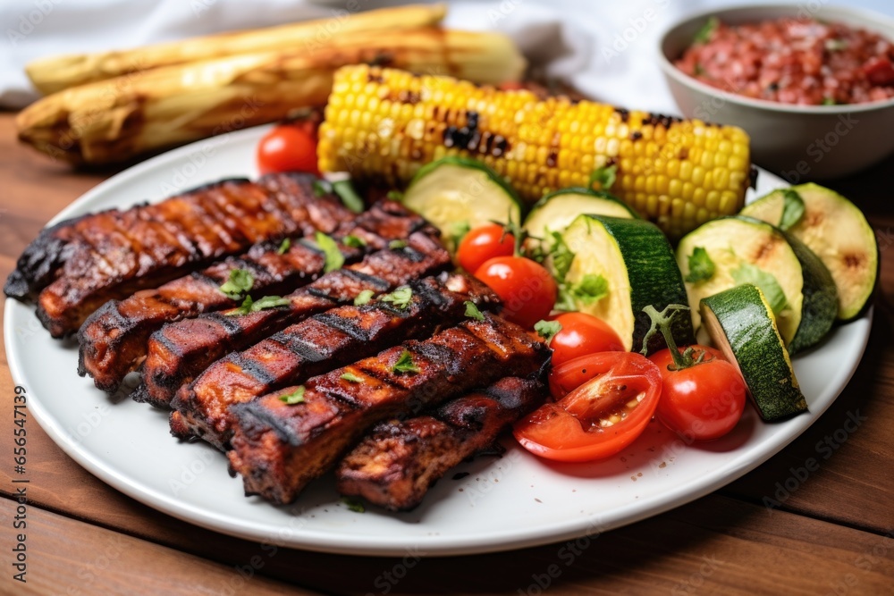 tempeh bbq ribs with grilled vegetables on the side tempeh bbq ribs with grilled vegetables on the side