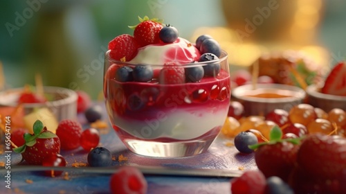 Une pannacotta aux fruits rouge assez haute.Generative AI