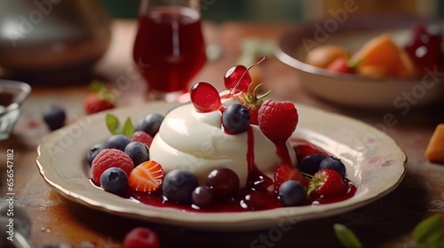 Une pannacotta aux fruits rouge assez haute.Generative AI