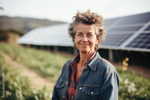 Portrait of a middle aged woman standing by the solar panels