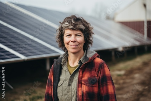 Portrait of a middle aged woman standing by the solar panels © Geber86