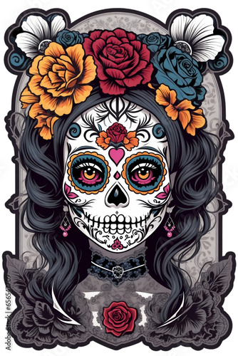  Mexican Day of the Dead catrina skull on white background
