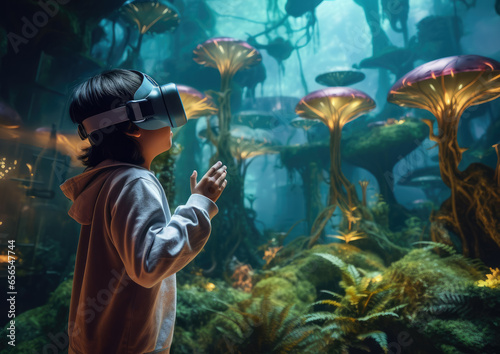 Generative AI, child, boy or girl in virtual reality glasses in a fantasy world, computer game with full immersion, technology, 3D, metaverse, gamer, VR helmet, fairy tale, adventure, future, universe
