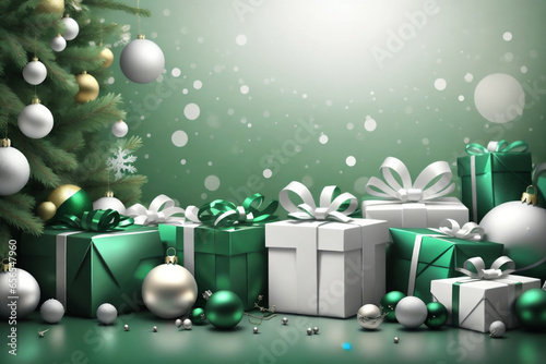 christmas green background with christmas tree, gifts and space for text