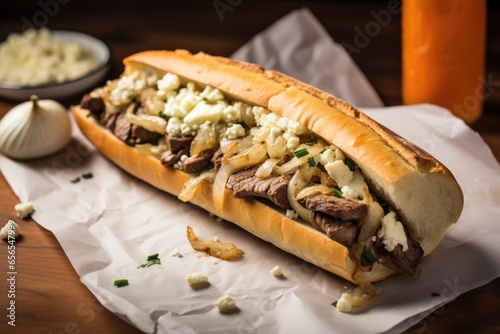 unwrapped philly cheesesteak with its wrapper on the side