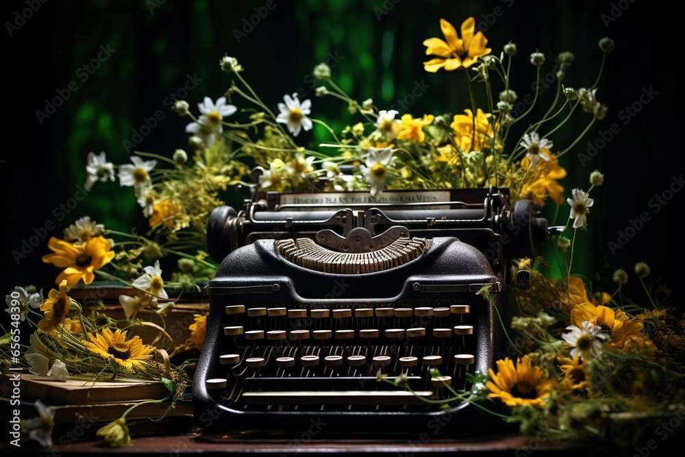 Tangle Typewriter Wildflowers tangled in an antique typewriter, showcasing contrast of ...
