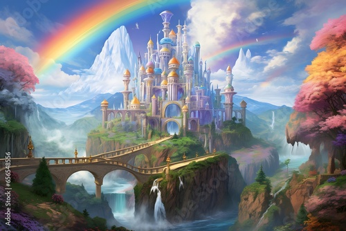 Fantasy landscape with castle and rainbow in the sky. 3d rendering