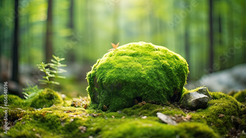 A stone covered with green moss on a blurred forest background. Close-up. Natural background with copy space for your design.