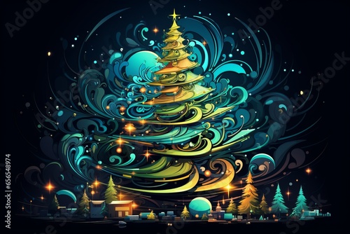 Illustration - Adventurous Christmas Tree Graphic: A vibrant neon design featuring a whimsical tree formed from gifts and ornaments, set against a dark background. Created with AI technology