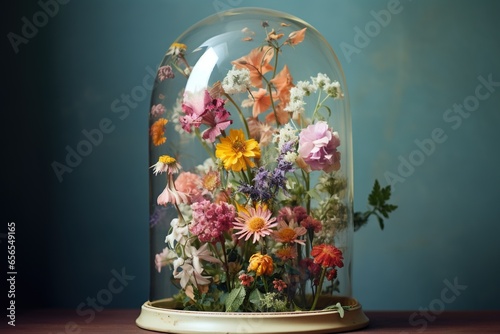 Wildflowers under a bell jar, diffusing the colors subtly #656549165