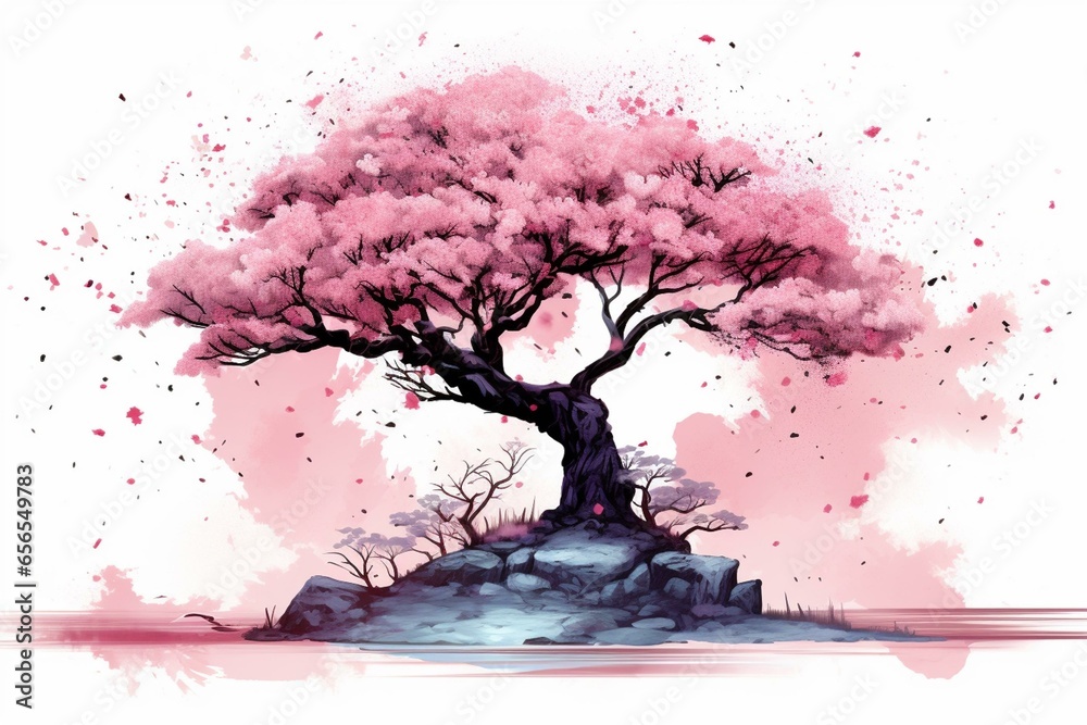 An isolated cherry blossom tree in an illustration. Generative AI