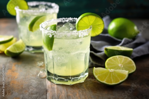 margarita cocktail in a rustic background with lime slices