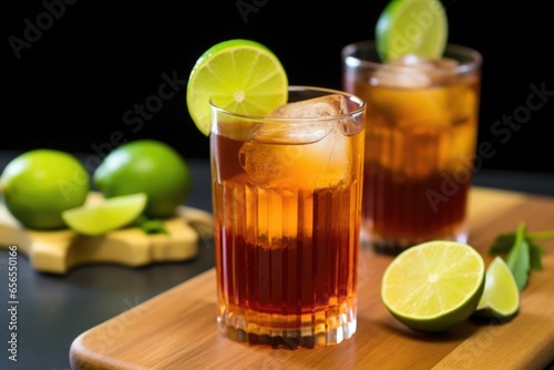 cubalibre served with a slice of lime and straw photo