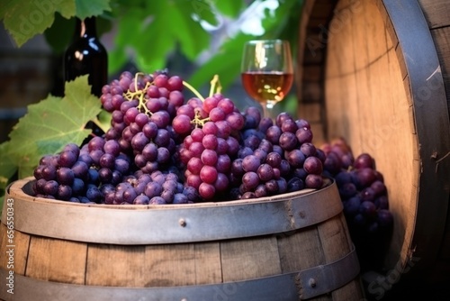 ripe grapes on twigs by a wooden wine barrel