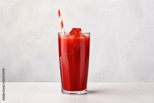 glass of freshly made pomegranate juice with a straw