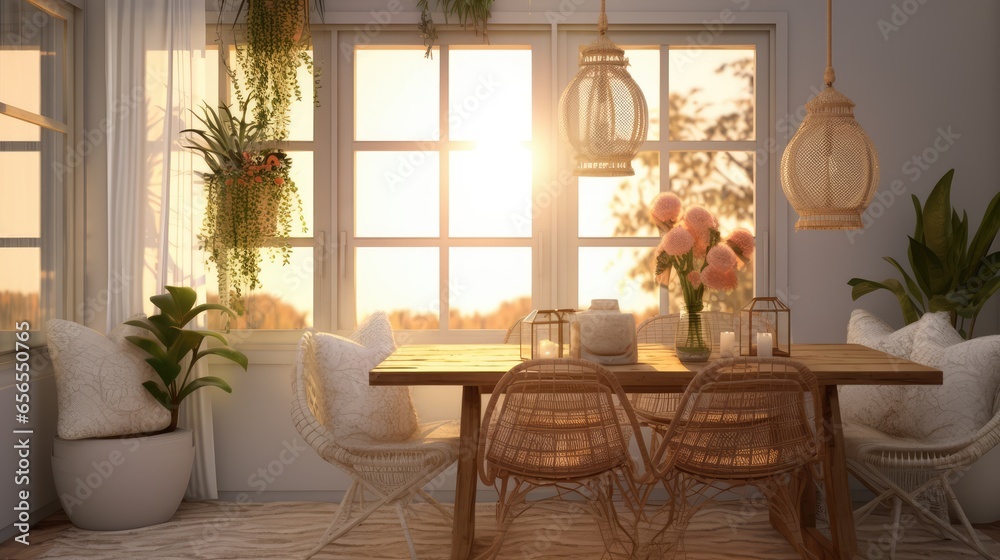 Fototapeta premium Plants and rug in natural dining room interior with white chairs and table under lamp. Real photo