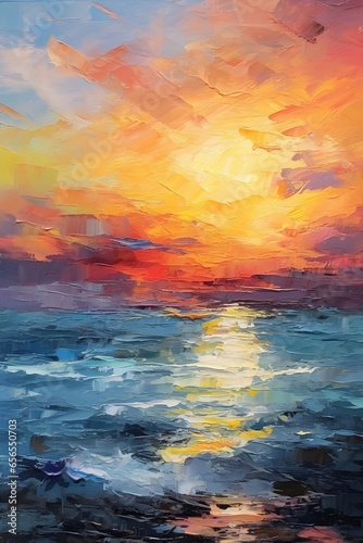Sunset over the sea. Oil painting on canvas. Illustration. © Iman
