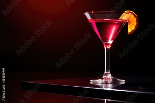 high contrast shot of a cosmopolitan cocktail in warm lighting