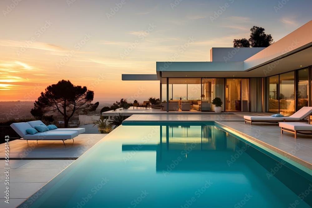 The appearance of a modern villa with a large pool among palm trees, architecture, design of a house or hotel. The appearance of a modern villa with a large pool among palm trees, architecture, design of a house or hotel.
