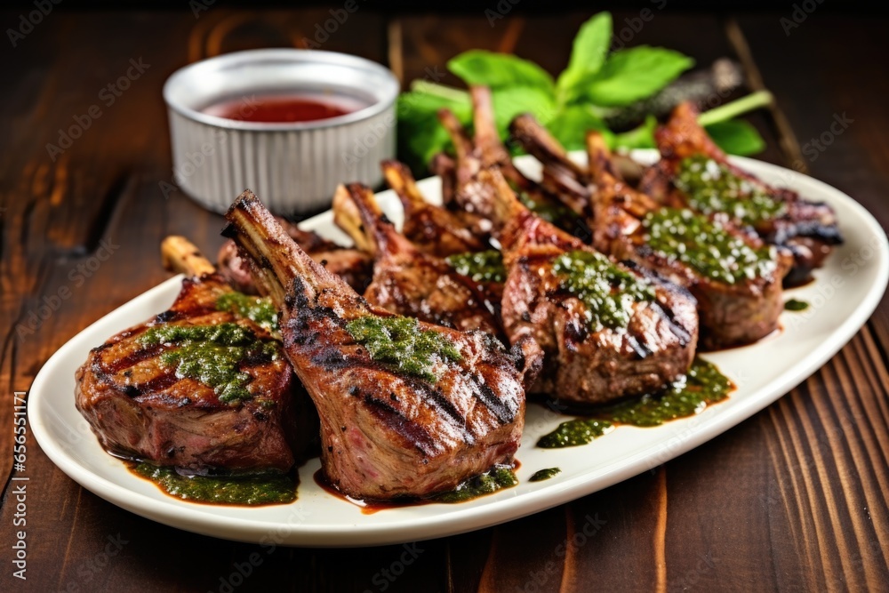 grilled lamb chops glazed with a thick savory sauce