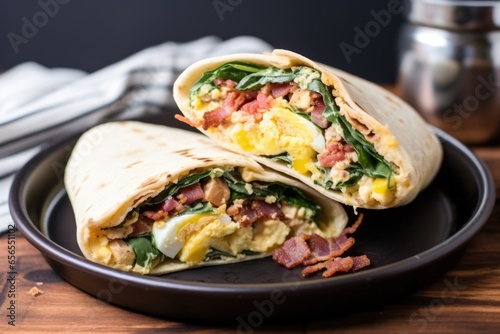 breakfast wrap with eggs and bacon on a cast iron skillet