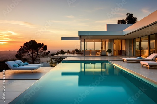 The appearance of a modern villa with a large pool among palm trees, architecture, design of a house or hotel. © Vadim