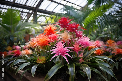 a cluster of bright bromeliads in a tropical greenhouse photo