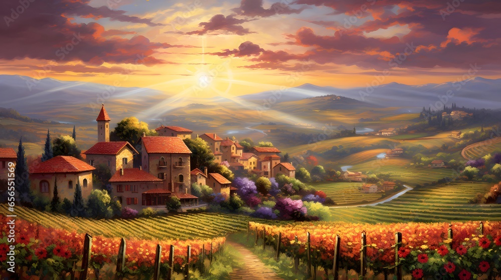 panoramic view of Tuscany at sunset with vineyards