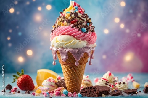 Colorful Delicious Vibrant Ice Cream Delight with Falling Treats Topping, AI Generated